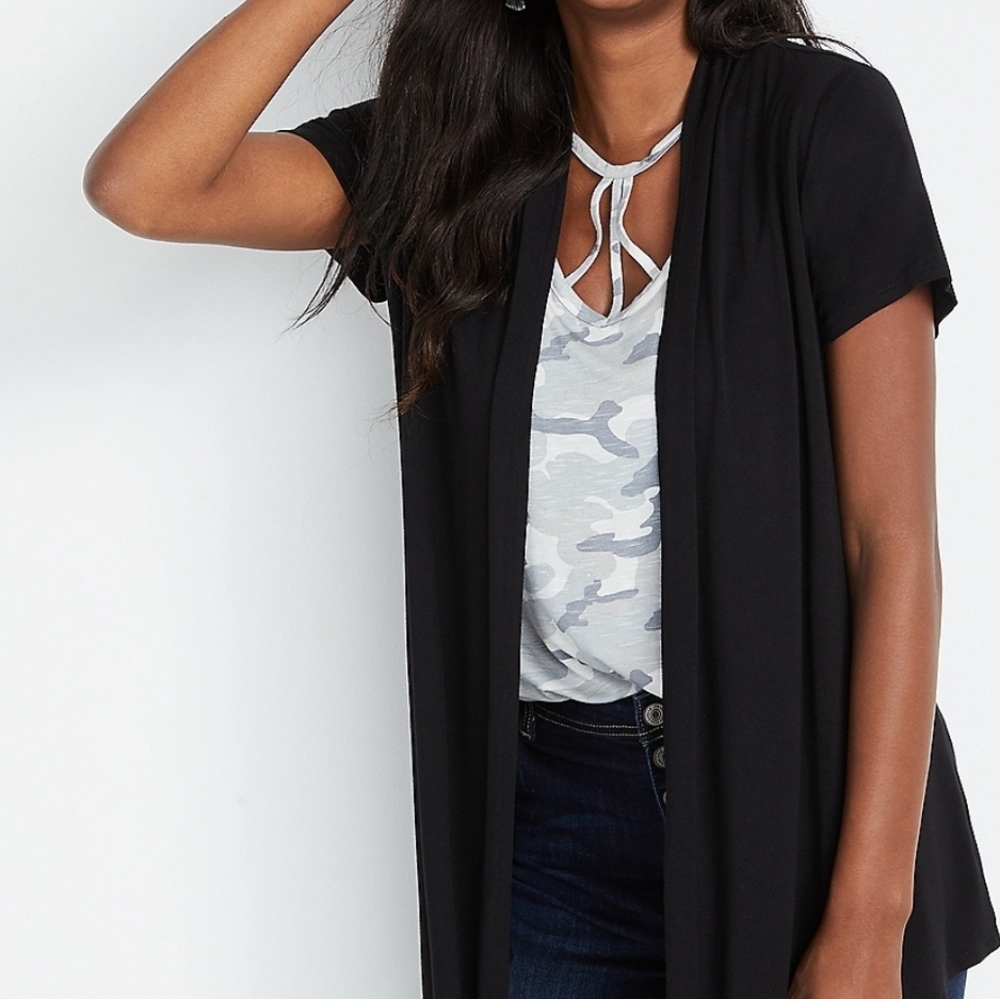 Black Short Sleeve Open Front Cardigan